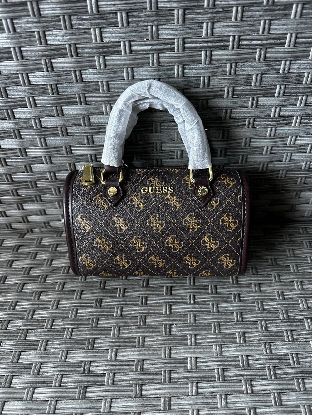 GUESS Brown Monogram Mini Satchel with Gold Hardware
